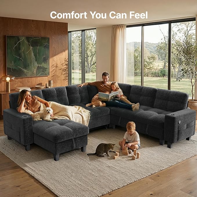 AMADA HOMEFURNISHING 110'' Modular Sectional Sleeper Sofa with Pull Out Couch, U Shaped 7 Seat Sectional Sofa with Storage, USB Ports & Cup Holders, Chenille Cloud Couches for Living Room, Dark Grey