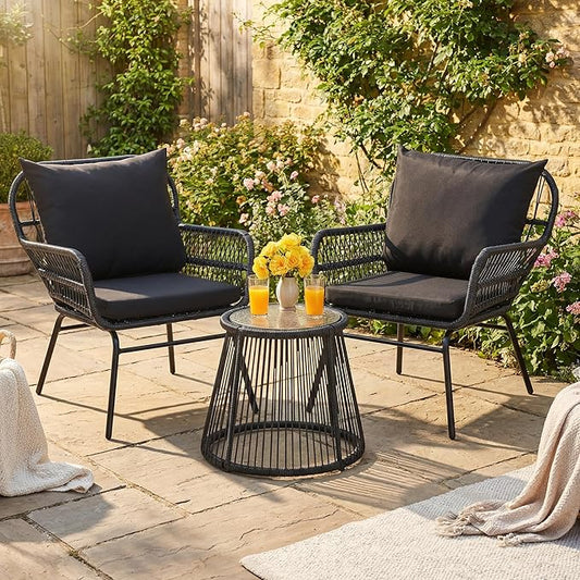 Bezseller 3-Piece Outdoor Patio Furniture Set - 20" Wide Seating w/ 2" Thick Cushions, 14.2" Seat Height - Modern Boho Furniture for Gardens, Balcony & Apartments
