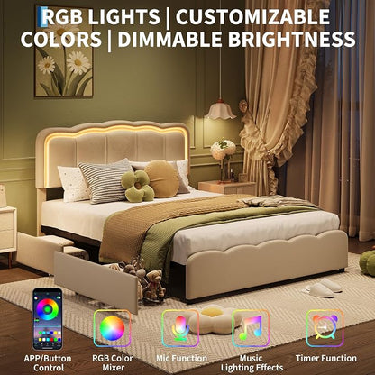 Garvee Full Size Bed Frame with 2 Storage Drawers and LED Lights, Upholstered Platform Full Bed with Adjustable Headboard, Wooden Slats Support, No Box Spring Needed, Easy Assembly, White