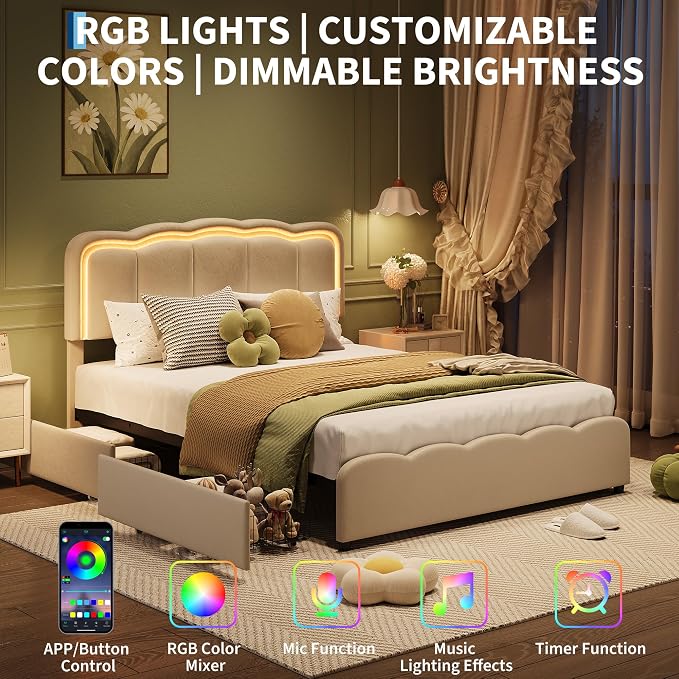 Garvee Queen Size Bed Frame with 2 Storage Drawers and LED Lights, Upholstered Platform Queen Bed with Adjustable Headboard, Wooden Slats Support, No Box Spring Needed, Easy Assembly, White