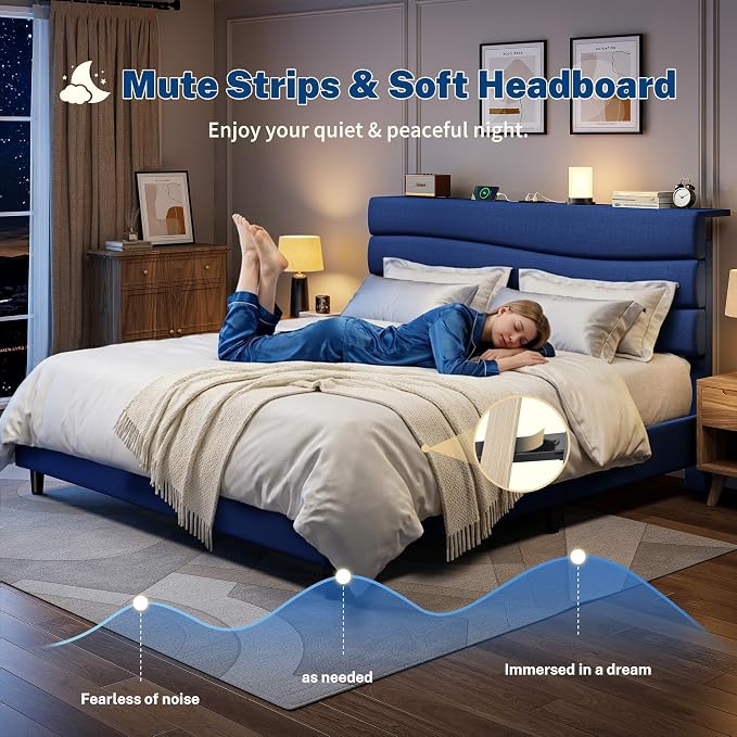 EnHomee Queen Bed Frame with Upholstered Headboard,Adjustable Height Platform Bed,Charging Station,No Box Spring Needed,Easy Assembly,Noise-Free,Navy Blue