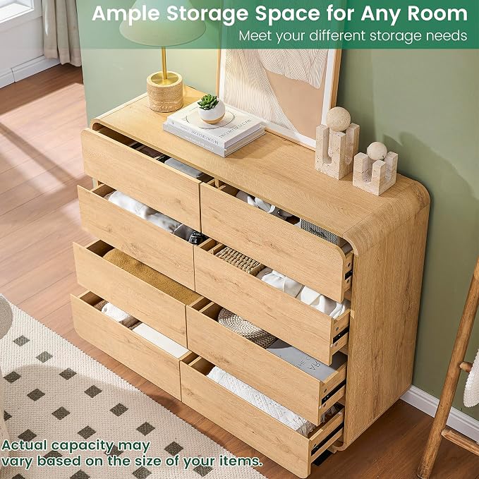 Standifurno Natural Dresser with 8 Drawers, FarmhouseDresser for Bedroom, Rustic Wood Chest of Drawers,Storage Closet, Chest of Drawers Handleless Design,Living Room, Curved Dresser Design 47" Wide