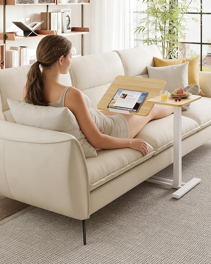 SANODESK Small Rolling Overbed Table Adjustable Height with Wheels, Mobile Laptop Desk with Tilting Desktop, Portable Computer Workstation for Home Office, Classroom, Bedside, Maple