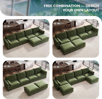Ihanherry 152" Oversized Modular Sectional Sofa, Modern U Shaped Cloud Couch with 2 Storage Ottoman, 6-Seat Comfy Chenille Deep Seat Sofa with 2 Pillows for Living Room, Green