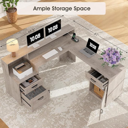 Whalefall 63'' Farmhouse L Shaped Desk with Monitor Stand Shelves, Gray | Corner Computer Desk with Drawers, Executive Home Office L Desk with File Cabinet Storage and Charging Station