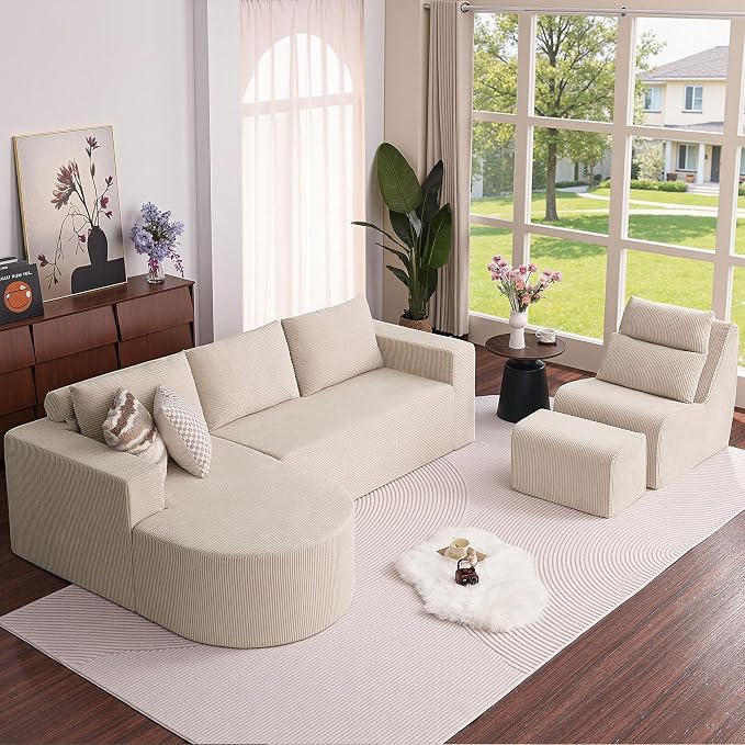104.92" L-Shaped Corduroy 3 Piece Sofa Set with Single Lounge Chair & Ottoman, Modular Compressed All Foam Couch, Freely Movable Footrest, Minimalist Large Living Room Furniture