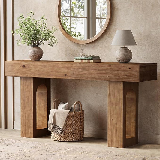 Solid Wood Console Table, 63-Inch Long Farmhouse Entryway Table, Sofa Console Behind Couch, for Foyer, Hallway, Living Room, Dark Brown