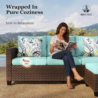 HERA'S HOUSE Outdoor Patio Sofa, 3-Seat Wicker Couch Loveseat, Deep Seating Furniture for Lawn Garden Porch Backyard, Blue