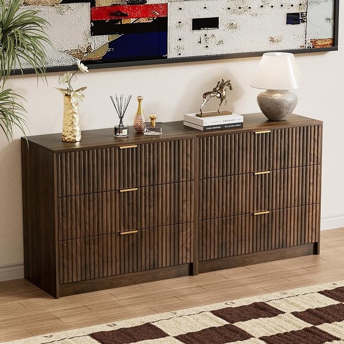 Furniway Walnut Dresser for Bedroom, Modern Dresser with 3 Drawers and Smooth Slides, Wide Chest of Drawers with Golden Handles for Bedroom, Living Room, Closet, 15.7" D x 31.5" W x 29.6" H