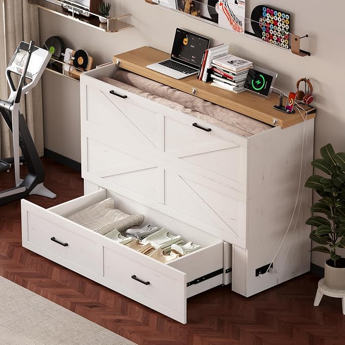 Bellemave Queen Size Murphy Bed, Cabinet Bed with Charging Station and Storage, Farmhouse Murphy Cabinet with Foldable Panel, Noisy Free, for Guest Bedroom, Living Room, Office, White