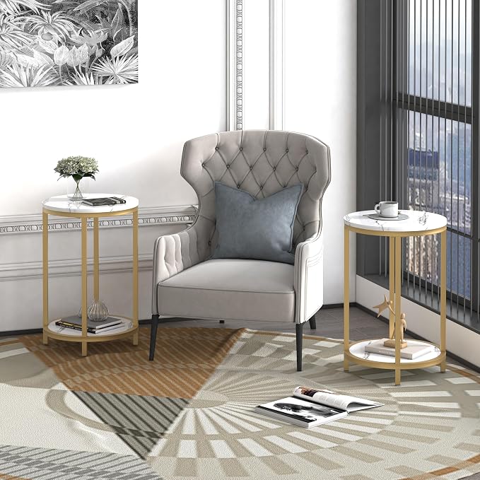 WiberWi Round Side Table, Modern Nightstand End Table with Gold Metal Frame &Faux Marble Top, Accent Bedside Table for Living Room Bedroom Small Spaces with Storage Open Shelf, White