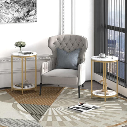 WiberWi Round Side Table, Modern Nightstand End Table with Gold Metal Frame &Faux Marble Top, Accent Bedside Table for Living Room Bedroom Small Spaces with Storage Open Shelf, White