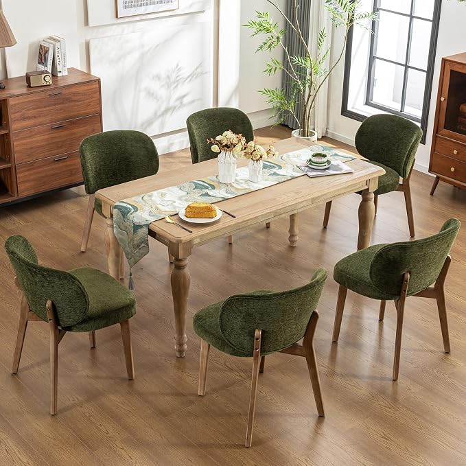 YOUNIKE Dining Chairs Set of 8 Modern Kitchen Dining Room Chairs Green | Chenille Fabric Upholstered Armless Side Accent Chair with Back Wide Padded Seat Wooden Leg for Kitchen Dining Living Room