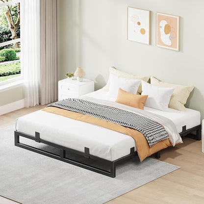 Full Size Bed Frame, 6 Inch Metal Platform Bed Frames with Squeak Free U-Slot Design, 6 Non-Slip Guards, 3500lbs Heavy Duty Steel Slat Support, No Box Spring Needed, Under Bed Storage, Black