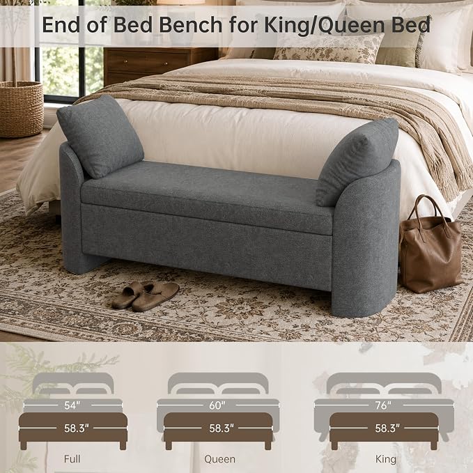 Usaint 58.3" Storage Ottoman Bench with Pillows, Upholstered End of Bed Bench with Arms, Footrest Stool Bench for Bedroom, Living, Window, Entryway and Hallway, Charcoal