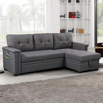 Lilola Home Ashlyn 84-inch Wide Dark Gray Linen Fabric Reversible Sleeper Sectional Sofa with USB Charging Ports – Convertible Pull-Out Bed, Storage Chaise, Side Pockets, and Medium Firm Cushioning