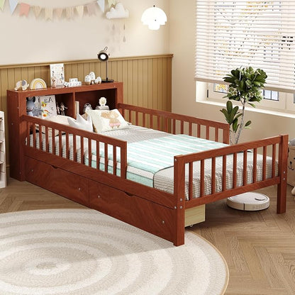 Kids Twin Size Bed Frame with Storage Drawers and Bookcase,Wood Twin Bed Frames for Kids,Twin Bed Frame with Headboard and Footboard for Boys Girls,No Box Spring Needed,Walnut
