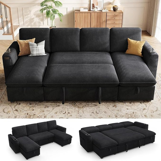 Sectional Sleeper Sofa with Pull Out Bed, Plush Corduroy Sectional Sofa with Double Storage Chaise and Adjustable Backrest, Cloud Sectional Couches for Living Room, Apartment, Black