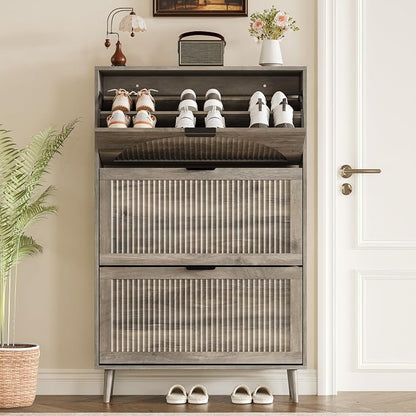 BORNOON Shoe Cabinet for Entryway with 3 Flip Drawers, Slim Wooden Shoe Storage Organizer with Modern Fluted Pannel，Freestanding Narrow Hidden Shoe Rack for Hallway, Foyer, Living Room