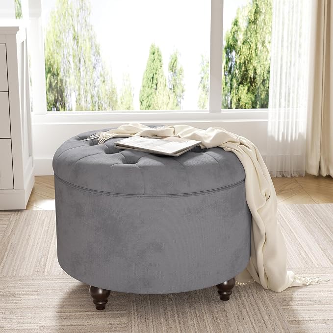 24 Inch Round Storage Ottoman,Modern Tufted Ottomans,Circular Coffee Table with Removable Top,Upholstered Large Ottoman with Storage Footrest Stool for Bedroom Living Room (Lightgrey)