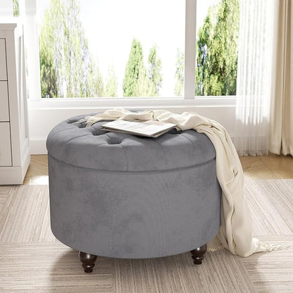 24 Inch Round Storage Ottoman,Modern Tufted Ottomans,Circular Coffee Table with Removable Top,Upholstered Large Ottoman with Storage Footrest Stool for Bedroom Living Room (Lightgrey)