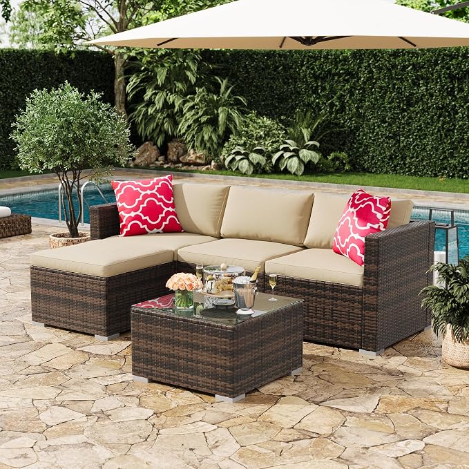 GAOMON 5-Piece All-Weather Patio Furniture Set, Convertible Outdoor Sectional Sofa with Ottoman & Tempered Glass Table, PE Rattan Conversation Set for Garden, Backyard, Porch, Poolside