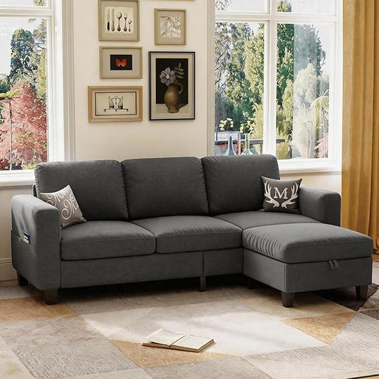 78" Sectional Sofa Couches for Living Room, Dark Grey L Shaped Couch with Storage Ottoman, Deep Seat Pet-Friendly Linen Fabric Sofa Set for Small Space, Apartment, Dorm