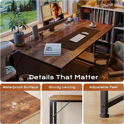 PRAISUN 47 X 24 Inch Deeper Desk with Power Outlets | Computer Desk for Bedroom, Office Desk for Work from Home, Writing Study Gaming Table, Stable Metal Frame, Rustic Brown