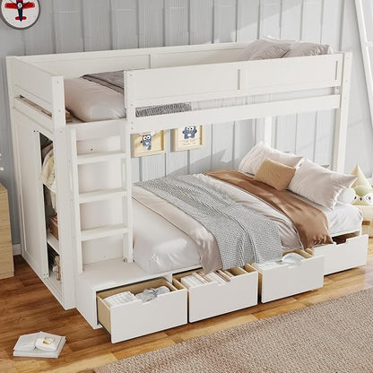 Bellemave Twin Over Twin Bunk Bed with Storage Drawers,Solid Wood Bunk Bed with Built-in Wardrobe,Storage Shelf and Safety Guardrails for Kids Girls Boys,Ivory