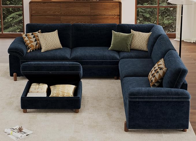 SITJOY Large Cloud Couch, 106" Wide 5 Seater V Shape, Chenille in Navy Blue | Detachable and Washable Chenille Cover Sectional Sofas for Living Room, Deep Seat Wide Couch with Chaise, Storage Ottoman