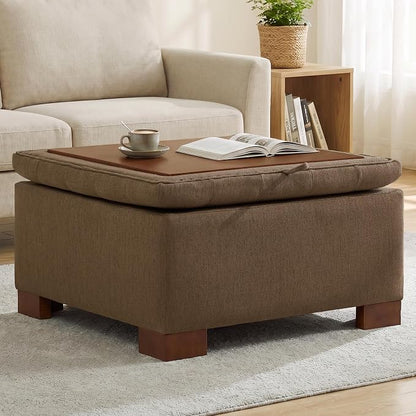 30 Inch Square Storage Ottoman Coffee Table, Modern Tufted Upholstered Ottoman with Flip Tray and Solid Wood Legs, Suitable for Living Rooms, Linen Brown