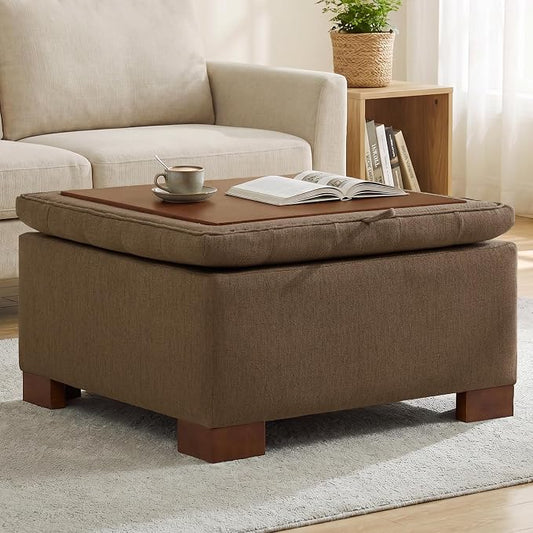 30 Inch Square Storage Ottoman Coffee Table, Modern Tufted Upholstered Ottoman with Flip Tray and Solid Wood Legs, Suitable for Living Rooms, Linen Brown