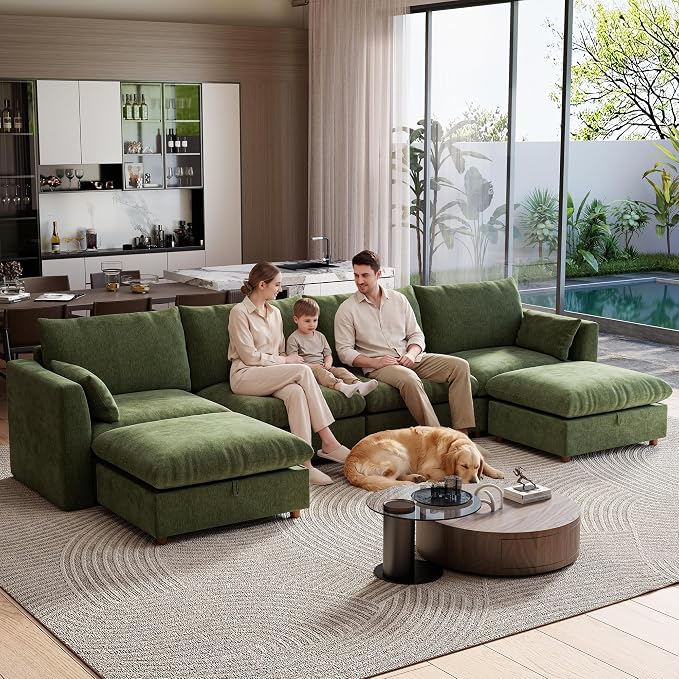 Ihanherry 152" Oversized Modular Sectional Sofa, Modern U Shaped Cloud Couch with 2 Storage Ottoman, 6-Seat Comfy Chenille Deep Seat Sofa with 2 Pillows for Living Room, Green