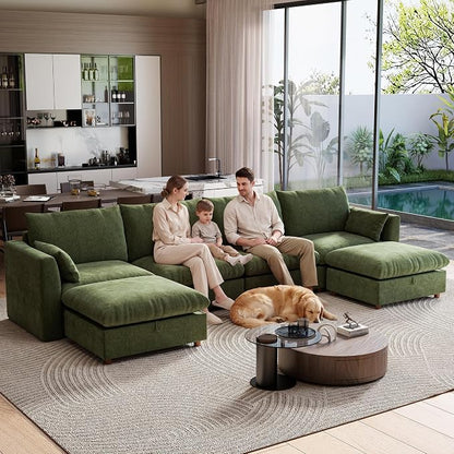 Ihanherry 152" Oversized Modular Sectional Sofa, Modern U Shaped Cloud Couch with 2 Storage Ottoman, 6-Seat Comfy Chenille Deep Seat Sofa with 2 Pillows for Living Room, Green