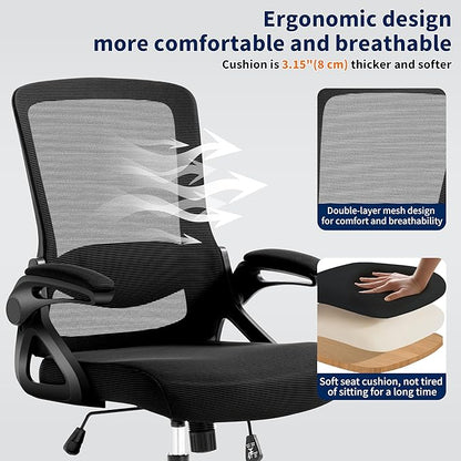 Ergonomic Office Chair, Desk Chair with Adjustable Lumbar Support, Breathable Mesh Comfy Computer Chairs with Flip-up Armrests Executive Task Chair for Adults Home Office (6Pcs)
