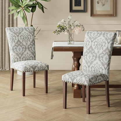 COLAMY Upholstered Parsons Dining Chairs Set of 4, Fabric Dining Room Kitchen Side Chair with Nailhead Trim and Wood Legs - Grey/White Flower