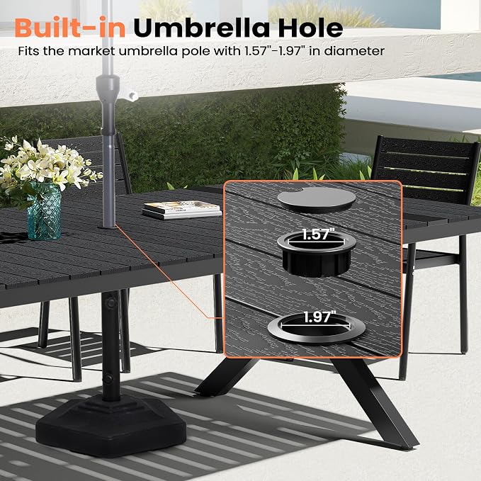 Pellebant Aluminum 11-Piece Outdoor Dining Table Set for 8-10 Person | Patio Stackable Chair with U-Shaped Wicker Backrest, 94" Table with Wood-Grain Top & Umbrella Hole, Aluminum Frame Furniture