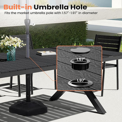 Pellebant Aluminum 11-Piece Outdoor Dining Table Set for 8-10 Person | Patio Stackable Chair with U-Shaped Wicker Backrest, 94" Table with Wood-Grain Top & Umbrella Hole, Aluminum Frame Furniture