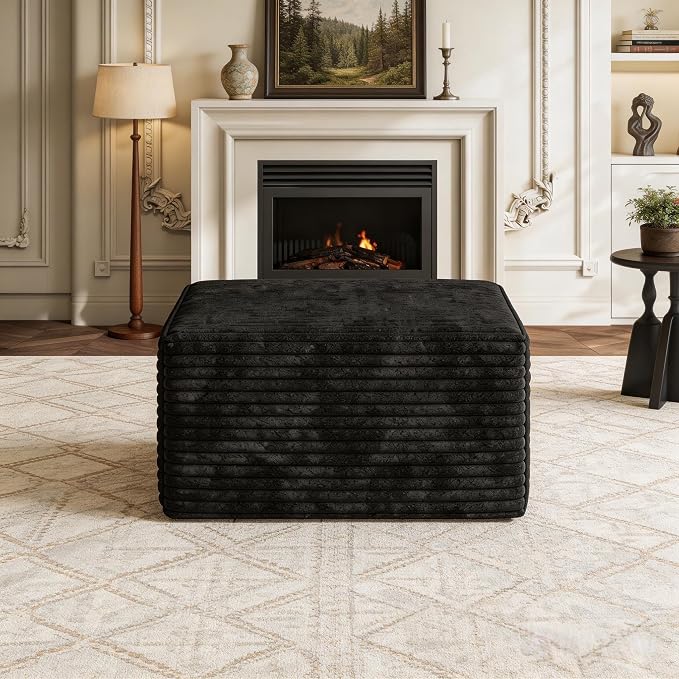 JINGLING 25.6 Inch Plush Corduroy Ottoman, Modular Sectional Foot Rest for Living Room, Upholstered Cloud Ottoman for Boneless Couch in a Box, Compressed Memory Foam, No Assembly Require, Black