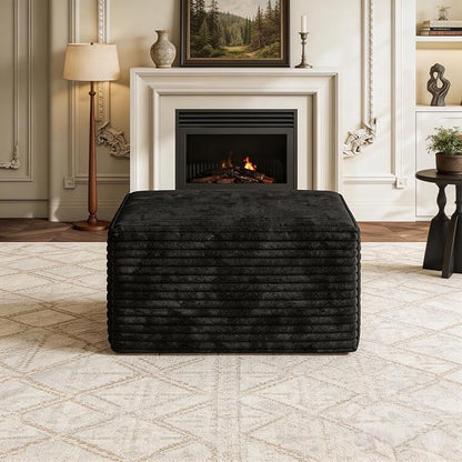 JINGLING 25.6 Inch Plush Corduroy Ottoman, Modular Sectional Foot Rest for Living Room, Upholstered Cloud Ottoman for Boneless Couch in a Box, Compressed Memory Foam, No Assembly Require, Black