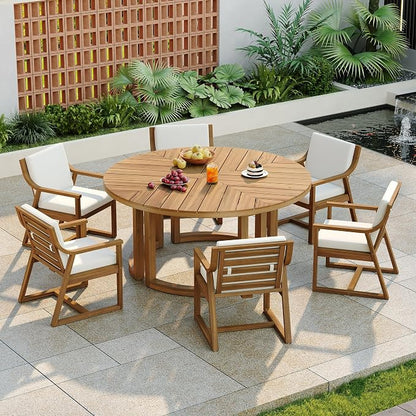 Quarte 7-Piece Patio Dining Table Set, Round Dining Table with 1.96" Umbrella Hole, Outdoor Wooden Patio Furniture Set for Garden, Backyard and Pools (Light Teak-7)