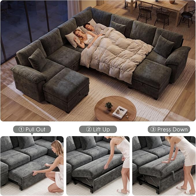 Ihanherry 108" Modular Sectional Sofa with Pull Out Bed, 9-Seater U Shaped Sectional Sleeper Couch with Storage, Chenille Convertible Couches for Living Room, Apartment (Grey)