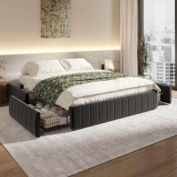 SHA CERLIN Full Size Velvet Upholstered Platform Bed Frame with 4 Storage Drawers, Vertical Channel Tufted, Low Profile, Fits Standard Headboards, Wooden Slats Support, Easy Assembly, Black