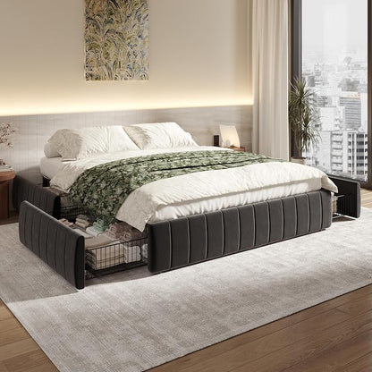 SHA CERLIN Queen Size Velvet Upholstered Platform Bed Frame with 4 Storage Drawers, Vertical Channel Tufted, Low Profile, Fits Standard Headboards, Wooden Slats Support, Easy Assembly, Black