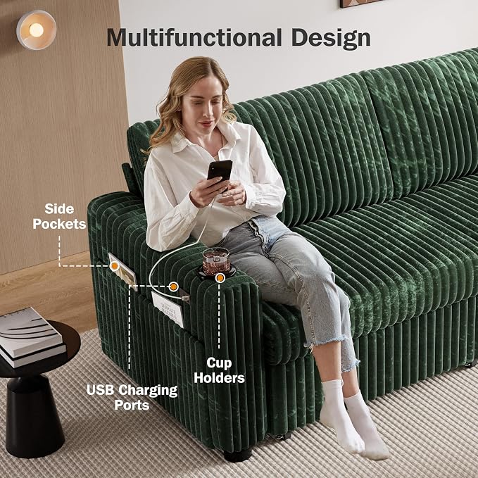 Sunny Heart 91" Plush Corduroy L Shaped Sectional Sleeper Sofa Bed with Pull Out Bed, Reclining Backrest, Reversible Storage Chaise, USB Ports, Cup Holders, Tool Free Assembly,Forest Green