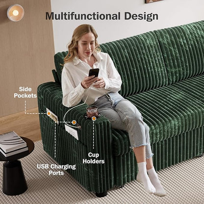 Sunny Heart 91" Plush Corduroy L Shaped Sectional Sleeper Sofa Bed with Pull Out Bed, Reclining Backrest, Reversible Storage Chaise, USB Ports, Cup Holders, Tool Free Assembly,Forest Green