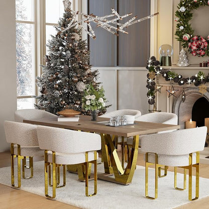 Dining Chair with Arms, Luxury Off White Boucle Barrel Dining Room Chair with Mirrored Gold U-Shaped Legs for Kitchen, Bedroom, Makeup Room, Set of 24