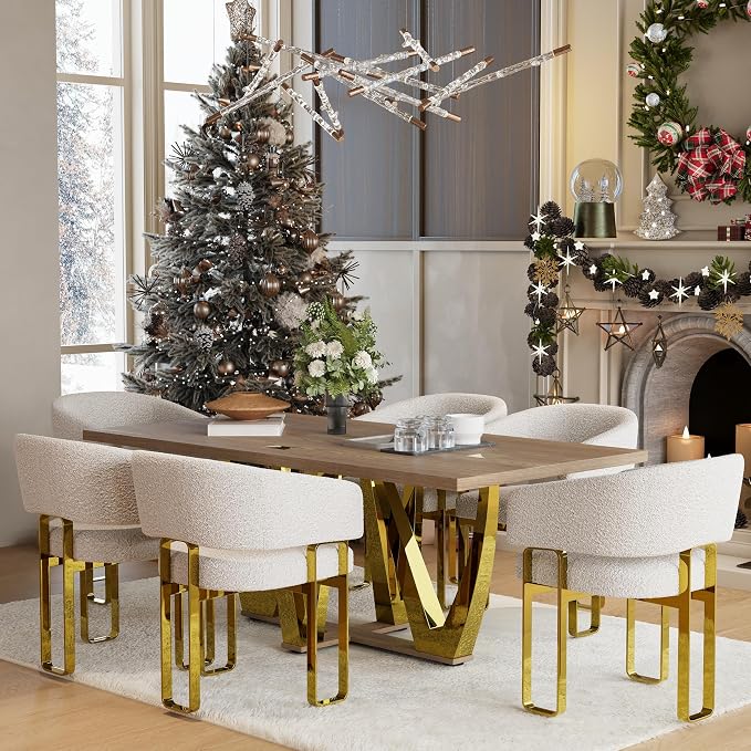 Boucle Dining Chairs Set of 7, White Barrel Dining Chairs with Arms and U-Shaped Mirrored Gold Legs, Modern Side Chairs for Dining Table, Kitchen and Dining Room Restaurant Recepition