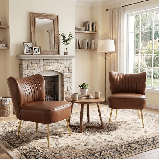 DUOMAY Modern Accent Chair Set of 2 PU Leather Slipper Chair Wingback Side Chair for Living Room Bedroom Entryway Small Corner Chair for Space Saving, Brown