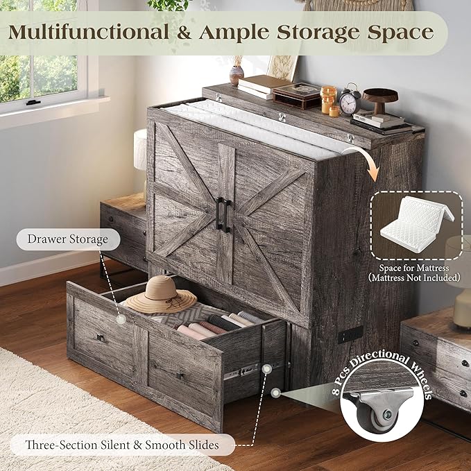 LUXOAK Twin Murphy Bed with Built-in Charging Station and Storage Drawer, Farmhouse Foldable Cabinet Bed for Guest Room, Apartment or Home Office, Rustic Grey